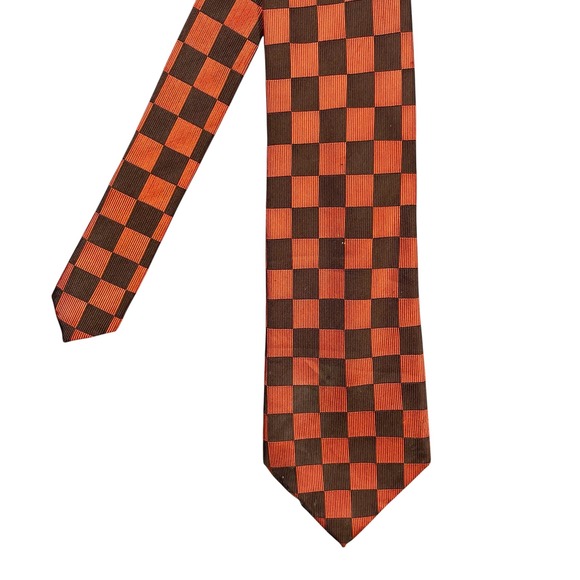 Nick(it) Other - Nick(it) Orange Brown Checkered Necktie Mens OS Silk Bulldog Crown Graphic Tie